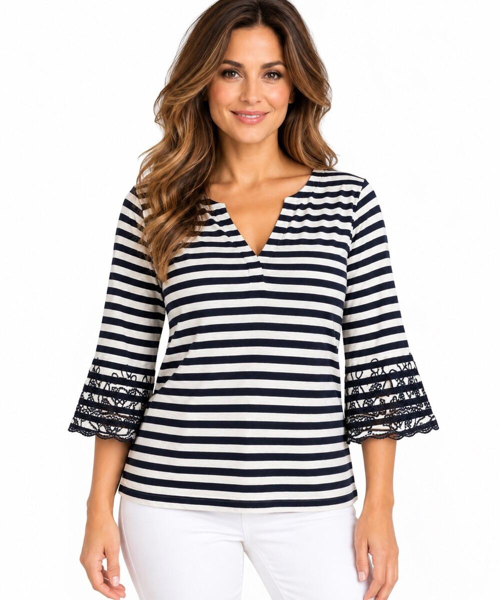 Talbots Women’s M Navy White Striped Top Lace Bell Sleeve 100% Cotton V Neck